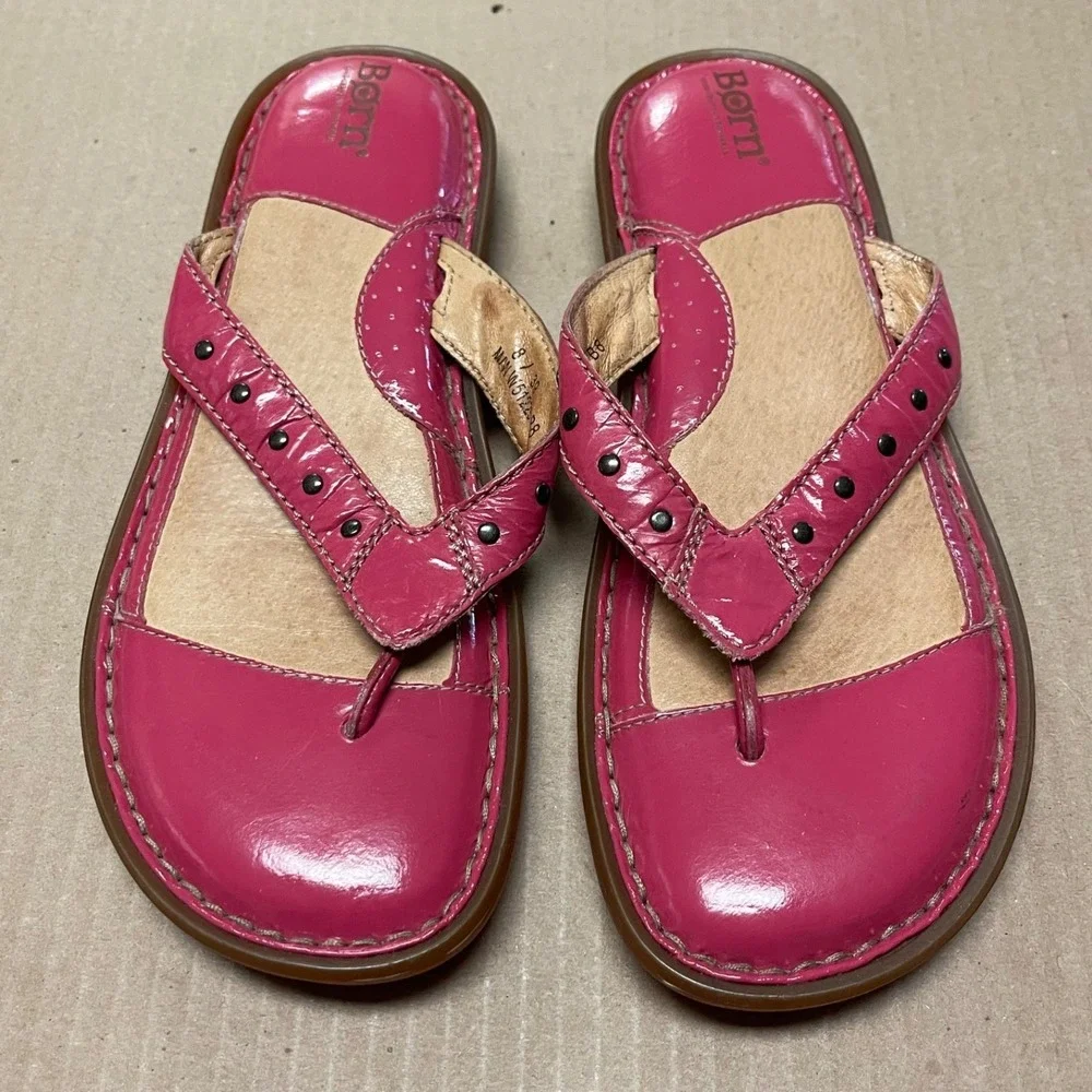 Børn Sz 8/ 38.5 Freesia Pink Leather Flat Thong Stud Comfort Sandal Flip Flops